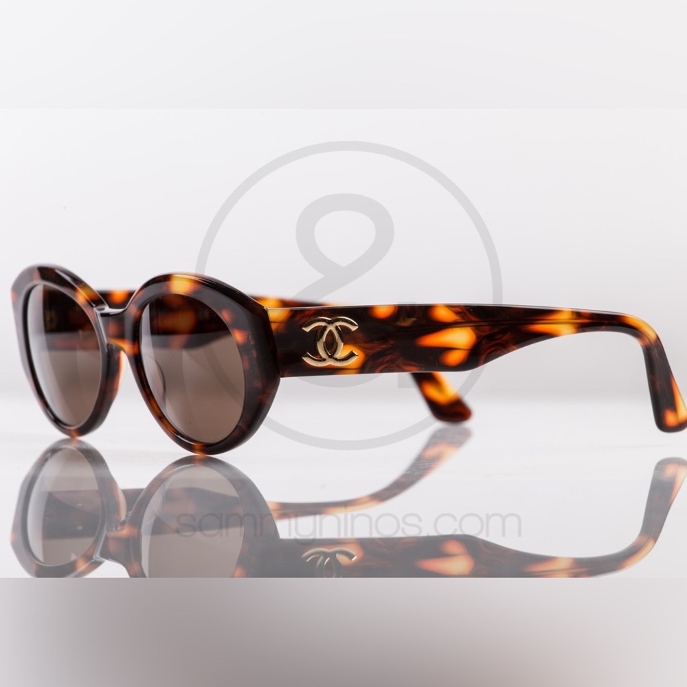 Auth CHANEL Havana Gold Tortoise Shell Sunglasses Gold CC Oval Cat eye ❤️‍🔥